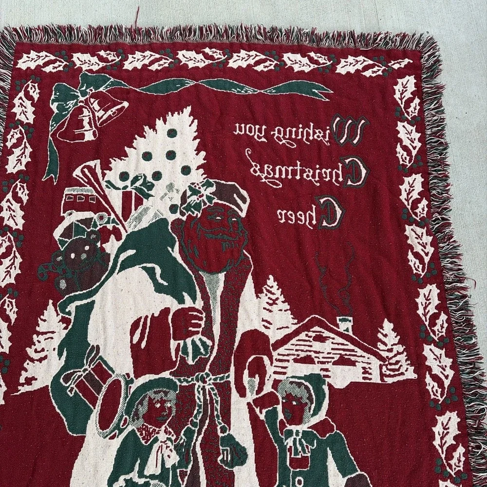 Vintage Christmas Throw Old World Santa Tapestry Fringe Blanket Decor 68x46